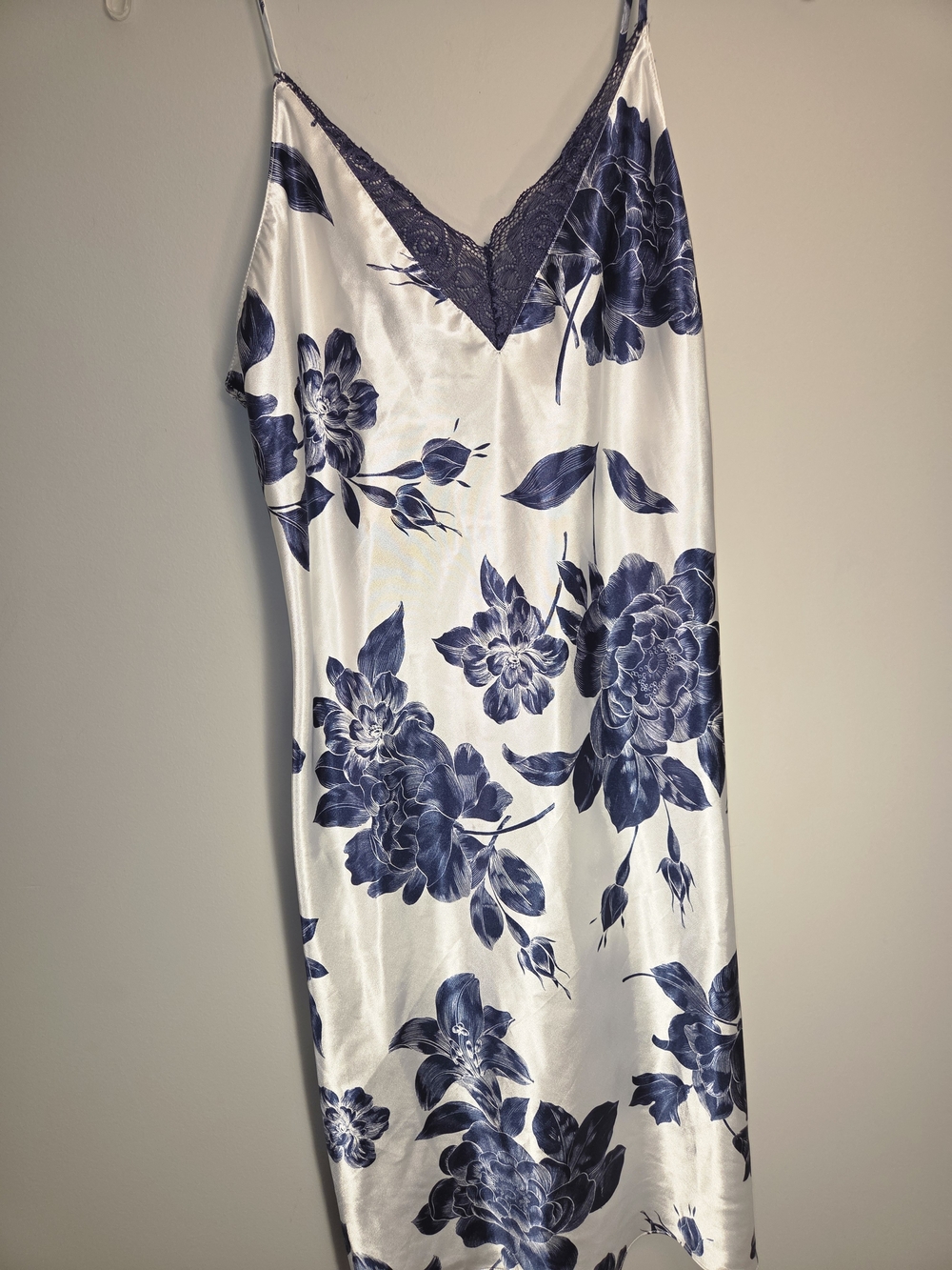 Silky Navy Floral Lace-Trim Chemise.